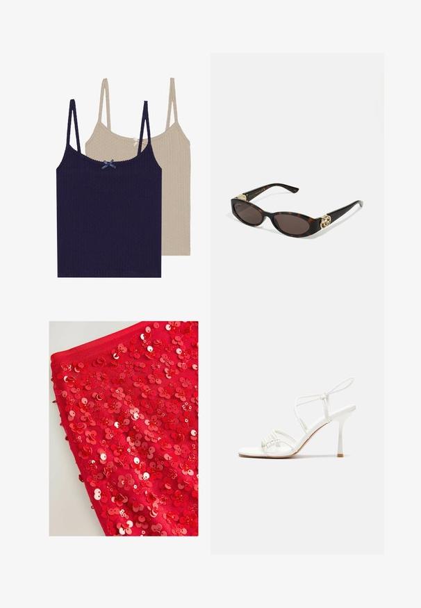 Twee geribbelde cami-toppen, één marineblauw met een blauwe strik en één crème met een zilveren strik, met verstelbare banden en een gestructureerde afwerking.; Rode stof bedekt met glanzende rode pailletjes in de vorm van bloemen, met uiteenlopende groottes en texturen, die een gelaagd, textuurvol uiterlijk creëren.; Witte strappy hoge hak sandaal met een platte tenenbasis, gestructureerde voorkant met geplooide accenten, en een slanke enkelband.; Schildpadbril met langwerpige ovale lenzen, bruine tint, gouden logo-accenten op de pootjes en slanke zwarte armen.; Beaded handtas met levendige kleuren: roze, oranje, blauw en bruin. Getextureerd oppervlak met ronde kralen en organische vormen, stevige handvatten.; Gouden hart hanger ketting gelaagd met een delicate zilveren kralen choker, gedragen met een beige top. Huid is glad en licht verlicht.