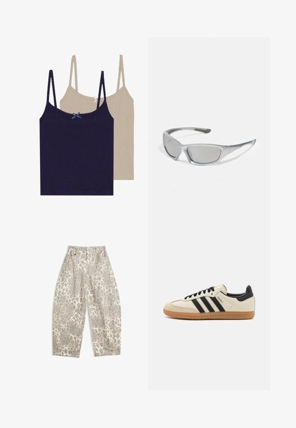 Due top in jersey con motivo a righe, uno blu navy con fiocco blu e uno crema con fiocco argento, dotati di spalline regolabili e una finitura testurizzata.; Pantaloni a stampa leopardata in un colore beige chiaro, con un design a vita alta, gambe larghe e due tasche frontali. Realizzati in un tessuto morbido.; Scarpa sportiva beige con strisce nere, suola in gomma naturale e dettagli neri. Presenta una tomaia in pelle liscia e un design a punta arrotondata.; Occhiali da sole grigi con una montatura in plastica sleek e leggera. Presentano lenti grigie a specchio e dettagli laterali testurizzati per una presa migliorata.; Borsa adidas nera e argento con una texture liscia, caratterizzata da un motivo borchiato lucido e un design curvo distintivo.