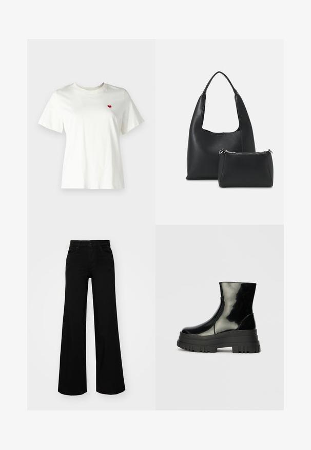 Hvid bomuld t-shirt med korte ærmer og rund hals, med et lille rødt hjerte broderet på venstre brystområde.; Sorte bukser med bred benvidde lavet af denim, med en struktureret talje, bæltesløjfer og forlommer. Glat tekstur med et klassisk design.; Sort, blanklækkert ankelstøvle med tyk sål og rund tå, set fra siden på en ensartet lys grå baggrund.; Even&Odd Håndtasker - black