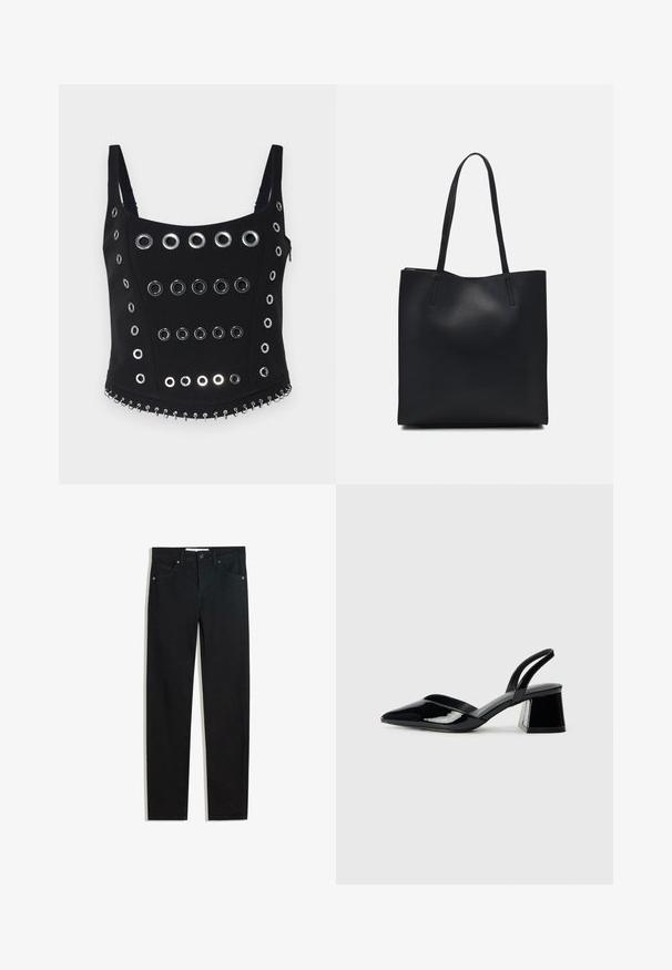 Černý bezrukávový top s mnoha stříbrnými očky uspořádanými do řad, s dekorativním řetízkovým detailem podél lemu. Hladký materiál.; Černé džínové kalhoty se střihem rovného nohavice, pěti kapsami, kovovým zapínáním a jemnými prošitými detaily. Hladká textura.; Černé lakované kožené lodičky na pásku s špičatou špičkou a geometrickým blokovým podpatkem. Vyznačují se elegantním, minimalistickým designem a hladkým povrchem.; Černá kožená taška přes rameno s hladkým povrchem, obdélníkovým tvarem a dvěma dlouhými uchy. Žádné viditelné kování ani ozdoby.