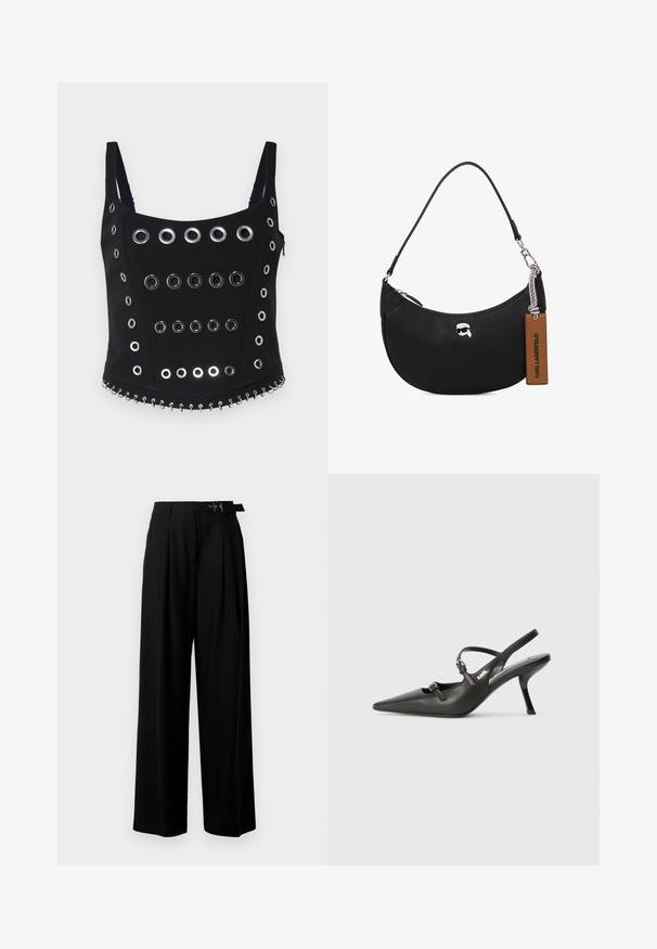Top sans manches noir avec plusieurs œillets en métal argenté disposés en rangées, avec un détail de chaîne décoratif le long de l'ourlet. Tissu lisse.; Pantalons larges noirs taille haute, avec des plis à l'avant et une ceinture avec une boucle. Conçus en tissu lisse et léger.; Talons slingback en cuir noir avec un bout pointu, un talon fin et un détail de boucle décorative sur le vamp. Texture lisse et design épuré.; Sac à main en cuir noir avec une texture grainée, forme arrondie, fermeture à glissière sur le dessus, quincaillerie en argent et une étiquette marron. Présente un accent de logo.