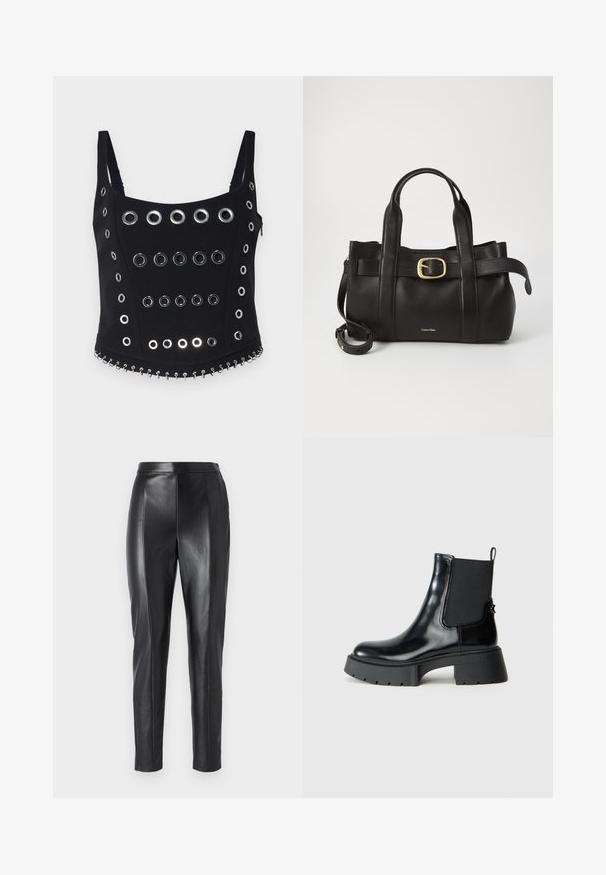 Top sans manches noir avec plusieurs œillets en métal argenté disposés en rangées, avec un détail de chaîne décoratif le long de l'ourlet. Tissu lisse.; Pantalons en cuir noir avec un design ajusté et une texture lisse. Présente des coutures structurées sur les côtés et une ceinture pour un ajustement sur mesure.; Bottines noires en cuir brillant avec des panneaux latéraux élastiques, une languette, et une semelle en caoutchouc épaisse dotée d'un motif de traction texturé.; Sac à main en cuir noir présentant un design structuré, deux poignées supérieures, un accent de boucle en ton doré et un logo de la marque en relief à l'avant.