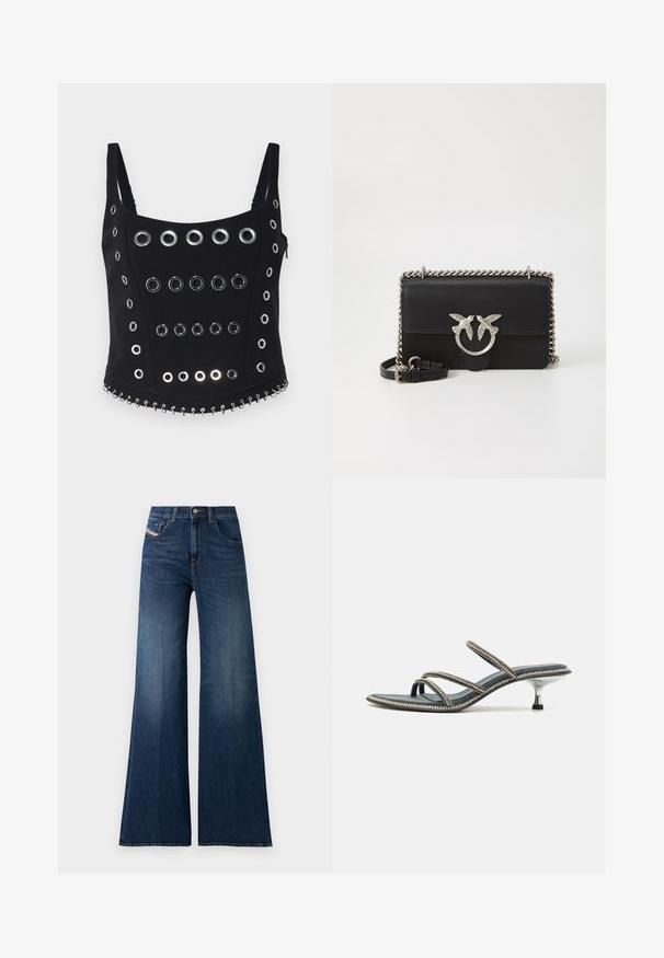 Mustvõtteta must top, millel on mitmed hõbedased augud järjestikku, ning dekoratiivne kett detail pihiku ääres. Sile kangas.; Kõrge vöökohaga tumedat sinist laia säärega teksapüksid, millel on ees- ja münditaskud, nööbiga kinnis ja õrnad kullatud detailid reitel.; Denim sandaalid kolme õhukese rihmaga, mis on kaunistatud kristallidega, terav nina ja metalne, stilettokujuline konts. Libisemisvastane põhi.; Must must must crossbody kott, mille on hõbedatooni linnumotiiv, kett detailid ja reguleeritav rihm. Sile tekstuur ja kompaktselt ristkülikuline kuju.