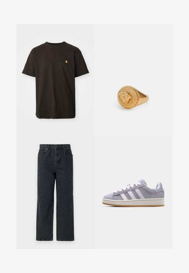 Schwarzes Baumwoll-T-Shirt mit runder Ausschnitt, kurzen Ärmeln und einem kleinen gelben Logo auf der Brust. Klassische Passform mit angenehmer Textur.; Dunkelblaue Denim-Hosen mit weitem Bein, Fünf-Taschen-Design und Knopfverschluss. Enthält Hardware in kupferfarbener Ausführung und eine subtile Textur.; Graue Wildledersneaker mit weißen Streifen, runder Spitze und Gummisohle. Besitzt Perforationen an der Seite und eine strukturierte Fersenschlaufe.; Versace UNISEX - Ring - gold- coloured