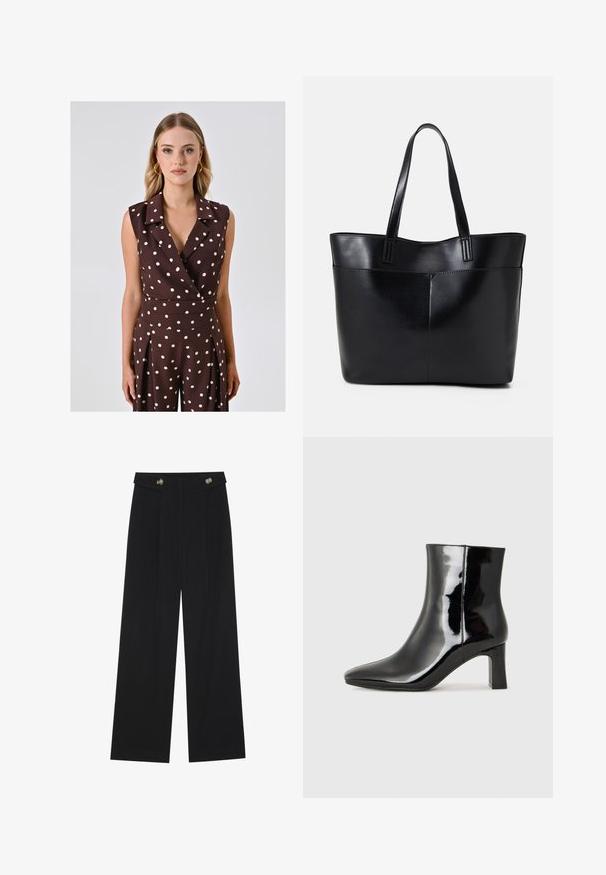 Bruine mouwloze jumpsuit met witte stippen, voorzien van een kraag, V-hals en geplooide details in een soepele stofstructuur.; Zwarte wijde broek met hoge taille, knoopdetails op de tailleband en plooien aan de voorkant.; Zwarte gepolijste leren enkellaars met een spitse neus en een blokhak van gemiddelde hoogte. Glad textuur en minimalistisch ontwerp.; Zwarte leren tote bag met twee lange handvatten, een zachte textuur en een gestructureerde vorm. Voorzien van een voorvak voor extra opslagruimte.