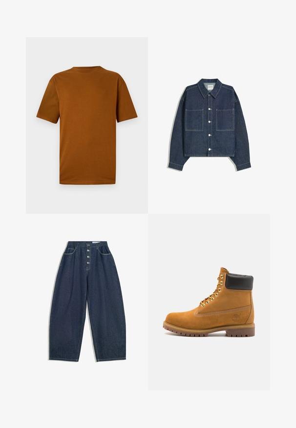 Koszulka z krótkim rękawem w wypalonym pomarańczowym kolorze z bawełny. Posiada okrągły dekolt, luźny krój oraz gładką teksturę bez wzorów czy ozdób.; Ciemnoniebieska, krótką kurtka dżinsowa z wysmukłym kołnierzem, dwoma przednimi kieszeniami i zapięciem na srebrny guzik. Posiada widoczne detale przeszycia.; Granatowe, dżinsowe spodnie w szerokim kroju z wysokim stanem, pięcioma guzikami i pięcioma kieszeniami. Posiadają przeszycia na szwach.; Beżowe zamszowe botki sięgające kostki z czarną wyściełaną krawędzią, złotymi oczkami, białymi detalami szycia oraz wytrzymałą gumową podeszwą z wyraźnym bieżnikiem.