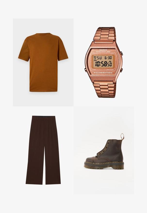 Tricou cu mânecă scurtă din bumbac de culoare portocalie arsă. Prezintă un decolteu tip crew, croială lejeră și o textură netedă, fără modele sau broderii.; Pantaloni maro, cu picioare largi, cu pliuri. Realizați dintr-un material neted, având o talie cusută și buzunare laterale. Tiv plat la baza.; Bocanci din piele maro, cu vârful rotund, cusături galbene contrastante, ochiuri din metal decorative și o talpă din cauciuc cu caneluri.; Ceas digital Casio cu brățară din metal roz auriu, carcasă rectangulară, display iluminat și rezistență la apă, afişând ora și data.