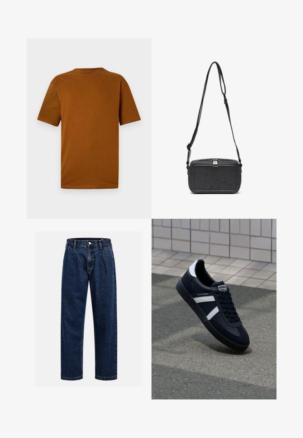 Majica s kratkimi rokavi v barvi opečnato oranžne iz bombaža. Ima okroglo ovratnico, sproščen kroj in gladko teksturo brez vzorcev ali okrasitev.; Temno modri kavbojki iz denima s pravim krojem. Imajo vidno šivanje, zapenjanje na gumb in sprednje plitke za dodaten detajl.; Črne usnjene superge z belimi črtami, teksturiran gumijast podplat in zavezovanje spredaj. Imajo označeno oznako na ježku.; Črna usnjena torbica čez ramo z zadrgo, embosirano logotipom spredaj in nastavljivim pasom. Gladka površina z pravokotno obliko.