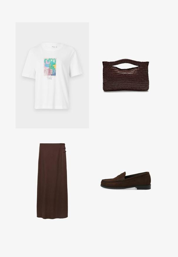 Hvid t-shirt med korte ærmer, der har et farverigt abstrakt grafisk design i pink, grøn, blå og gul med sort tekst nederst.; Brun, gulvlængde nederdel lavet af blødt materiale. Har tre dekorative knapper på siden nær taljen. Enkel, udekoreret design.; Brune ruskinds loafers med en syet mokkasintå, flad sort gummisål og en dekorativ toprem og detalje.; Vævet brun læderhåndtaske med et afrundet topgreb og en åben silhuet, der har en struktureret overflade og et elegant, minimalistisk design.