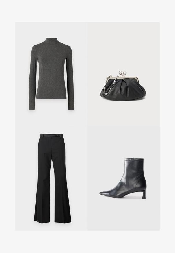 WEEKEND MaxMara MULTIF - Ilgarankovis viršutinės dalies drabužis - grigio scuro; Juodos plačios kelnės su lygiu audiniu, turinčios vientisą juosmenį ir presa raktus, suteikiančius aptakų įvaizdį.; Juodas odinis kulkšninis batas su smailiu pirštu ir elegantišku dizainu. Turi žemą kulną ir užtrauktuką gale. Lygi tekstūra.; Juodas odinis delninukas su susiraukusiu tekstūru, sidabrinės spalvos metalo rėmas, uždaromas užsukamu užtrauktuku bei grandinėlės dirželis. Lygus, minkštas paviršius.