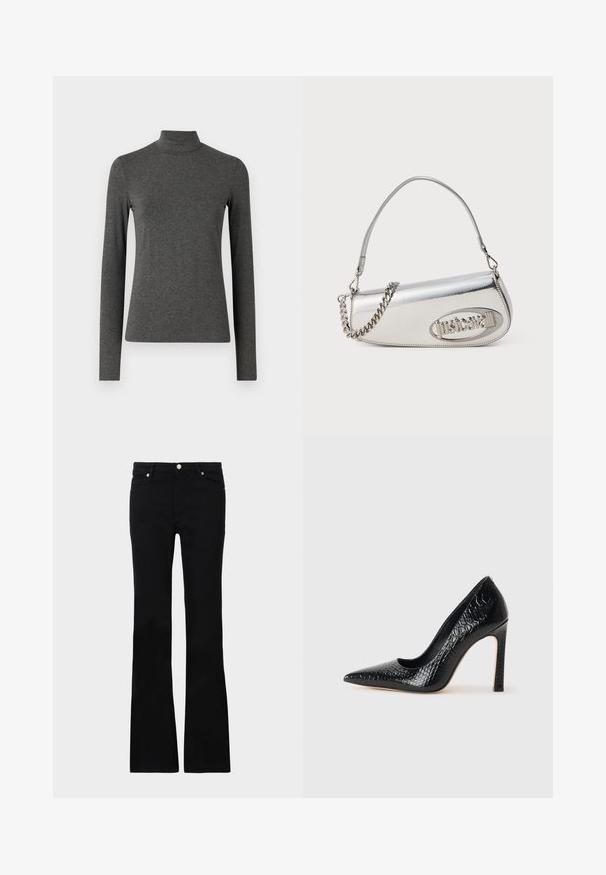 WEEKEND MaxMara MULTIF - Top s dlouhým rukávem - grigio scuro; Černé zvonové džíny vyrobené z denimu, s dvěma předními kapsami, zapínáním na knoflík a hladkou strukturou. Na švech je viditelné charakteristické prošívání.; Černý lodičkový bot s špičatou špičkou, pokrytý texturou krokodýlí kůže, s elegantním designem, vysokým stiletto podpatkem a hladkým černým interiérem.; Stříbrná metalická kabelka s zaobleným trojúhelníkovým tvarem, obsahující logo, řetízkový popruh a hladký povrch. Uzávěr na zip na boku.