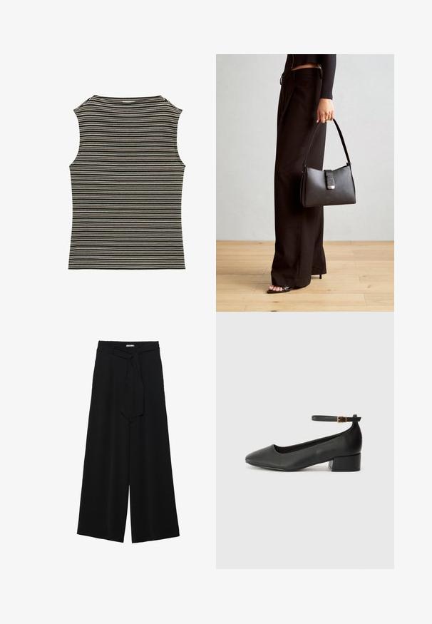 Top senza maniche con un motivo a strisce bianche e nere, caratterizzato da una texture a coste e un collo rotondo classico.; Pantaloni neri a gamba larga caratterizzati da un tessuto testurizzato, una vita elastica e una cintura staccabile per una vestibilità regolabile.; Pump in pelle nera con punta affusolata e tacco basso a blocco. Presenta una cinghia alla caviglia con una fibbia in tonalità oro. Texture liscia.; Borsa nera con forma strutturata, texture liscia e una chiusura metallica. Abbinata a pantaloni neri larghi e sandali open-toe su un pavimento in legno.