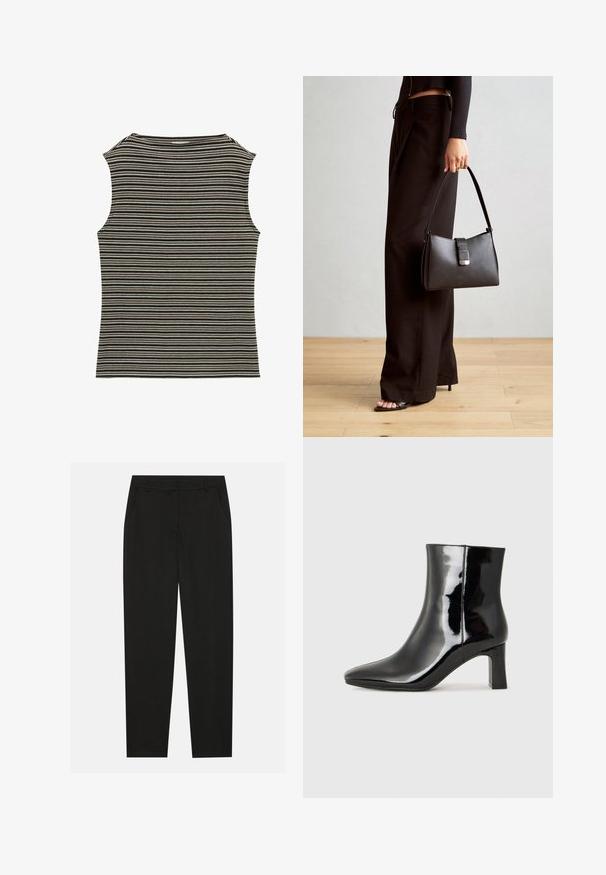 Haut sans manches avec un motif rayé noir et blanc, présentant une texture côtelée et un col rond classique.; Pantalon noir au design ajusté, doté de poches latérales et d'une jambe droite. Fabriqué en tissu lisse et léger avec une finition élégante.; Bottines en cuir verni noir avec un bout pointu et un talon block de hauteur moyenne. Texture lisse et design minimaliste.; Sac à main noir à la forme structurée, texture lisse et fermoir métallique. Associé à un pantalon noir ample et des sandales ouvertes sur un sol en bois.