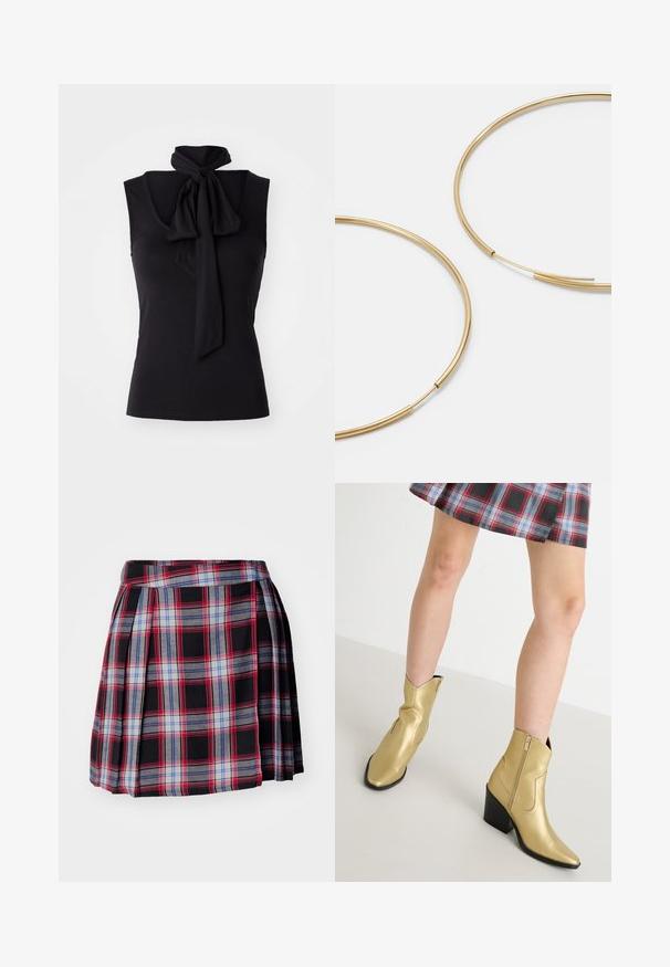 Black sleeveless top in soft, stretchy fabric with a tie detail at the neckline. Simple design with a fitted silhouette.; Black plaid skirt featuring red, blue, and gray check patterns, with pleats and a flat waistband for a structured fit. Soft fabric texture.; Gold ankle boots with a tapered toe and a black heel. Made of a shiny, smooth material, featuring a side zipper and stitched accents.; Gold-colored hoop earrings, thin and round in shape, with a smooth metallic finish and no embellishments or patterns.
