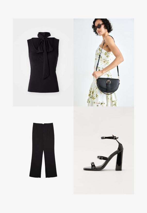Črna brezrokavna majica iz mehkega, raztegljivega materiala z vezavo pri ovratniku. Preprost dizajn s prilegajočo silhueto.; Črne hlače ravnega kroja z naglavnimi žepi in stranskimi razporki na robu. Narejene iz mehke, gladke tkanine. Primerne za različne priložnosti.; Črne lakirane sandale s peto, kvadratnim prstom, trakovi okrog gležnja in srebrnimi zaponkami. Opremljene so s stabilno Debelo peto.; Črna usnjena torbica s ukrivljeno obliko, z odstranljivo naramnico in zlatimi dodatki. Torbica ima pokrov s podrobnostmi v obliki zaponke.