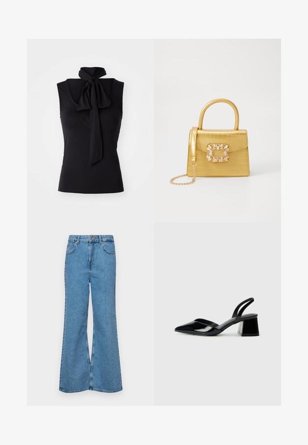 Black sleeveless top in soft, stretchy fabric with a tie detail at the neckline. Simple design with a fitted silhouette.; Light blue flared jeans made of denim, featuring a high waist, five pockets, and a single button closure. Soft texture with faded finish.; Black patent leather slingback heels with a pointed toe and a geometric block heel. Features a sleek, minimal design and smooth texture.; Yellow faux-crocodile handbag with a structured design, top handle, detachable chain strap, and decorative crystal embellishment on the clasp.