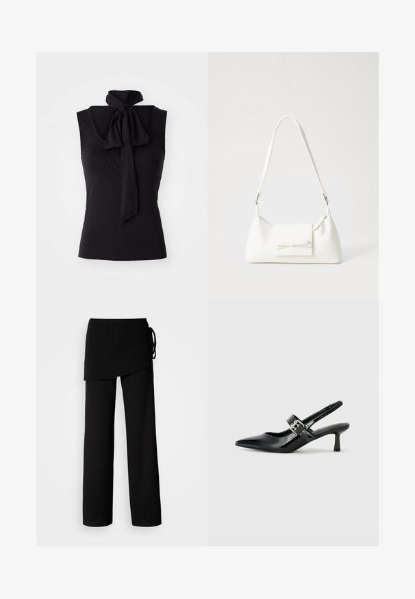 Svart ermeløs topp i myk, elastisk stoff med knyte-detalj ved halsen. Enkel design med en tettsittende silhuett.; Svart bredbeinede bukser laget av et teksturert, lett stoff. Har en lagdelt, asymmetrisk midje med knyting på siden.; Svarte patent lær slingback hæler med spiss tå og en liten blokkheel, med en sølvspenne som detalj på stroppen.; Hvit syntetisk håndveske med trekantet form, flat klaff foran og sløyfe detaljer, justerbar stropp, glatt tekstur og minimalistisk design.