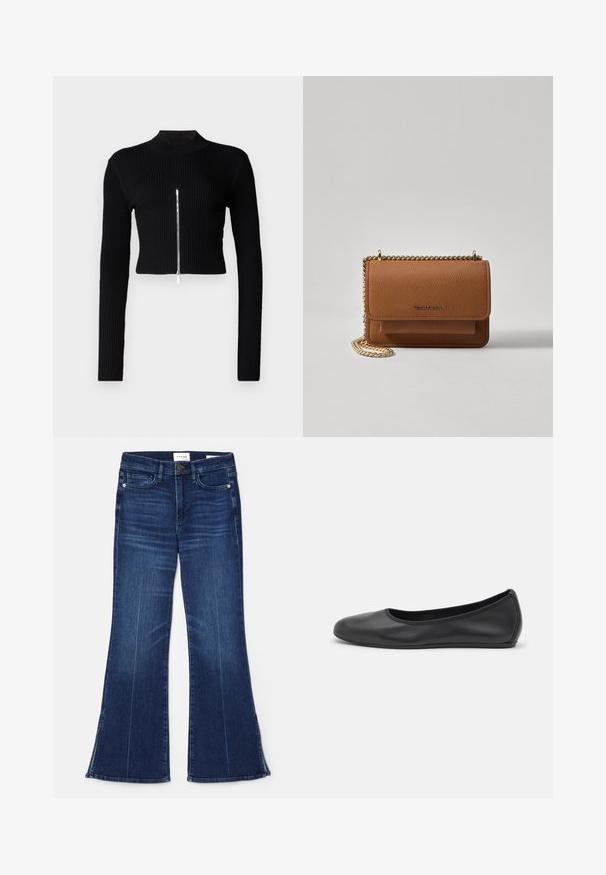 Melna ribota īsā svītra ar garām piedurknēm, augstu apkakli un centrālo metāla rāvējslēdzēju. Gluda tekstūra un pieguļošs dizains.; Tumši zili zvērīši, izgatavoti no denima. Iespējas augsta jostasvieta, priekšējās kabatas un šķēlumi apakšmalā. Klasisks piecu kabatu dizains.; Melna ādas baleta kurpe ar noapaļotu purngalu, gludu tekstūru, minimālu šuvju detalizāciju un elastīgu zoles dizainu.; Brūna teksturēta ādas plecu soma ar zelta ķēdes siksnu un atloka aizdari. Priekšpusē ir logotipa detaļa un kabata zem atloka.