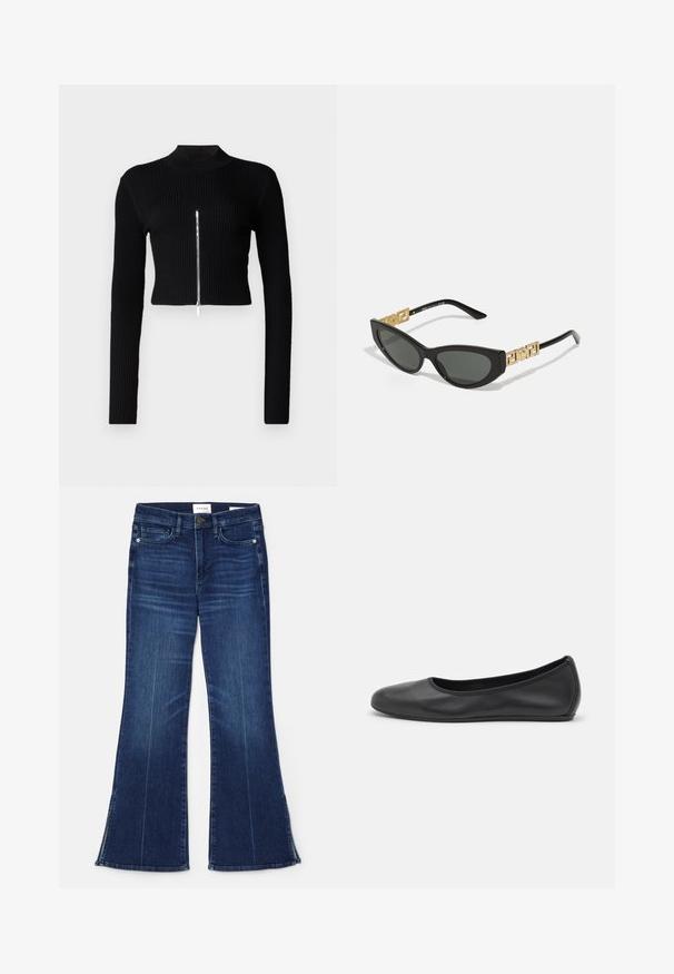 Juodas raukšlėtas trumpas megztinis su ilgomis rankovėmis, aukštu kaklu ir centriniu metaliniu užtrauktuku. Lygus paviršius ir prigludęs dizainas.; Tamsiai mėlynos flare tipo džinsai, pagaminti iš džinsinio audinio. Su aukštu liemeniu, priekinėmis kišenėmis ir skeltukais hem'e. Klasikinis penkių kišenėlių dizainas.; Juodai odiniai baletai su apvaliu pirštu, lygi texture, minimalus siuvimo detales ir lanksčiu padų dizainu.; Juodos katės akies formos saulės akinius su tamsiais objektyvais, puošiančiais auksiniai geometriniai akcentai ant šventyklų ir švelnus matinio paviršiaus apdorojimas.