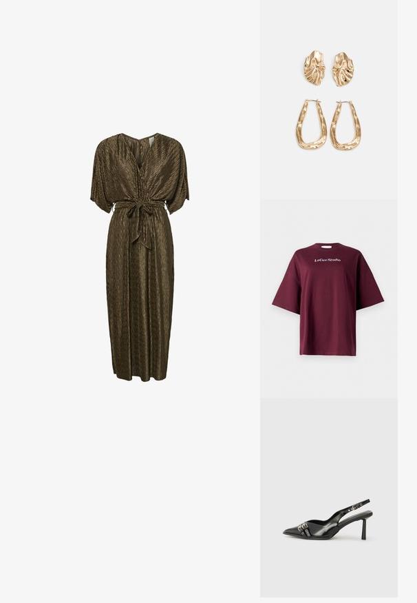 Bordeaux-korte mouwen T-shirt van katoen met een ontspannen pasvorm. Heeft een witte "LeGer Studio" logo op de borst. Soepele textuur, eenvoudig ontwerp.; Bruine, geplooide maxi-jurk met een V-hals, brede mouwen en een gestrikte riem in de taille. Gladde textuur met een subtiele glans.; Zwarte gepolijste leren slingback schoenen met een puntige neus, enkelbandjes met zilveren gespen en hardware, en een slanke hak.; Gouden metallic handtas met een gestructureerd ontwerp, gladde textuur en verstelbare schouderband. Kenmerkt zich door een unieke driehoekige vorm en minimalistische stiksels.; Gouden oorbellen met een getextureerd, golvend ontwerp. Bevat sculpturale clip-on studs en een open ringontwerp met een gehamerd oppervlak.