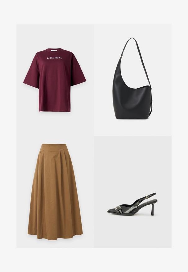 Burgundy short-sleeve t-shirt made of cotton with a relaxed fit. Features white "LeGer Studio" logo on the chest. Smooth texture, simple design.; Brown cotton A-line skirt with a high waist, featuring pleats down the front and a smooth texture. Hem finishes are clean and simple.; Black patent leather slingback shoe with pointed toe, ankle straps featuring silver buckles and hardware, and a slender heel.; Black leather hobo bag with a smooth texture, curved shape, and single adjustable strap; features a wide opening at the top.