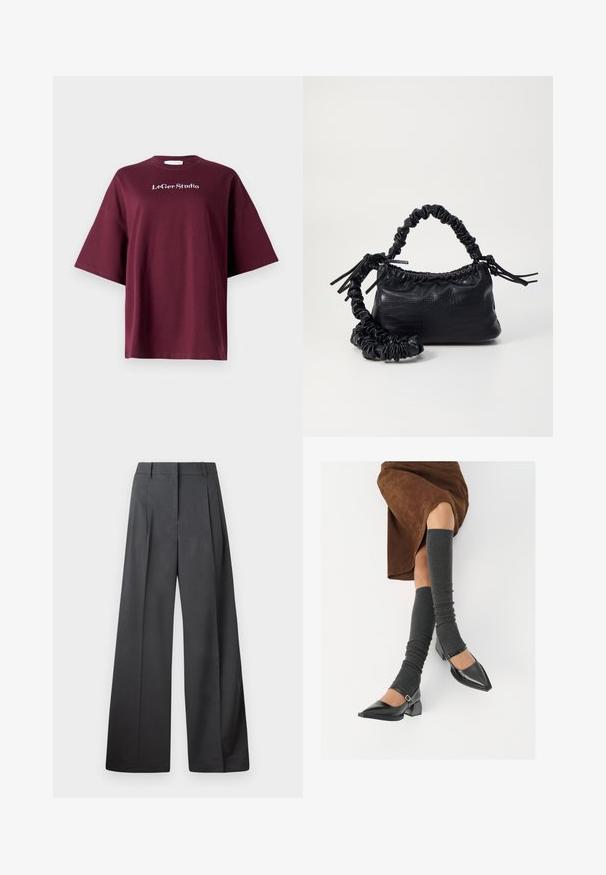 Burgundi lühikeste varrukatega T-särk, mis on valmistatud puuvillast ja millel on mugav lõige. Rinnas on valge "LeGer Studio" logo. Sujuv tekstuur, lihtne disain.; Tumesed püksid tumesinises kangas, kõrge vöökoht, üks voldik ning sile struktuur puhaste ääristega.; Mustad patsaline odav värviga kingad, millel on kreen ja pahkluuring, on paaritatud hallide ribakudumitega sääremiidega ja pruunist nahast seelikuga.; Must must sünteetilisest nahast käekott, millel on krokodillimuster, kokku tõmmatav ülaosa ja kortsus rihm. Tundub pehme ja kompaktne disain.