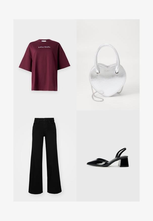 Bordo trumpas rankovėmis marškinėliai pagaminti iš medvilnės su laisvu fasonu. Krūtinėje yra baltas "LeGer Studio" logotipas. Lygus paviršius, paprastas dizainas.; Juodos plačios kelnės iš denimo, turinčios struktūruotą juosmenį, diržo kilpas ir priekines kišenes. Lygus paviršius su klasikinio dizaino elementais.; Juodos lakuotos odinės šlepetės su smailiu pirštu ir geometriniu bloko kulnu. Turi elegantišką, minimalistinį dizainą ir lygų paviršių.; Sidabrinė metalinė širdies formos rankinė su dviem rankenomis, grandininiu diržu ir lygia textura. Yra metaliniai elementai ir siūti kraštai.