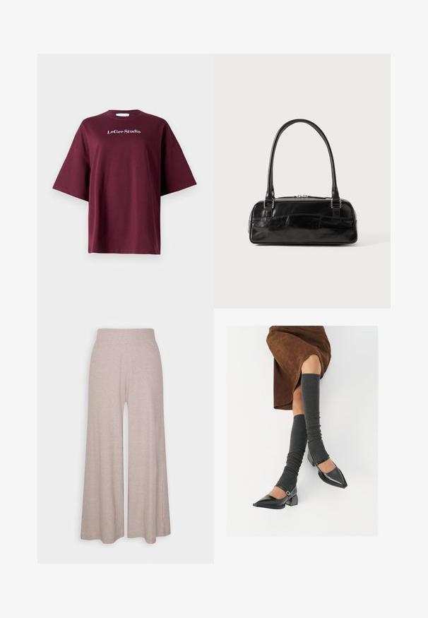 T-shirt à manches courtes bordeaux en coton avec une coupe décontractée. Présente un logo "LeGer Studio" blanc sur la poitrine. Texture lisse, design simple.; Pantalons larges gris clair fabriqués en tissu doux et côtelé, dotés d'une taille haute et de jambes longues avec une texture subtile.; Chaussures à bout pointu en cuir verni noir avec un talon bloc et une bride à la cheville, accompagnées de jambières en maille grise et d'une jupe en daim marron.; Sac à main en cuir noir de forme rectangulaire, doté d'une seule ansse structurée, de quincaillerie argentée et d'une fermeture éclair. Texture lisse.