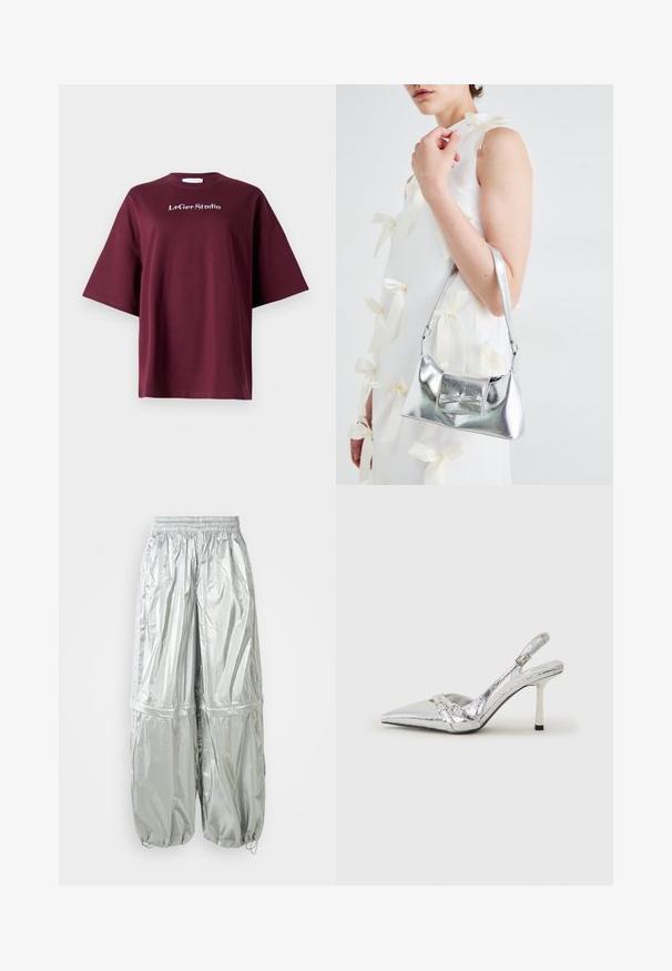 Bordová trička s krátkým rukávem vyrobená z bavlny s volným střihem. Na hrudi se nachází bílé logo "LeGer Studio". Hladká textura, jednoduchý design.; Stříbrné lehké cargo kalhoty se lesklou texturou, elastickým pasem, nařasenými manžetami a dvěma velkými předními kapsami.; Stříbrná slingback vysoká podpatková bota s špičatou špičkou, metalickým povrchem, dvěma Dekorativními pásky a štíhlým podpatkem s černým hrotem.; Stříbrná kovová kabelka se strukturovaným tvarem, s horním držadlem a detailem v podobě mašle na přední straně. Hladký povrch, reflexní lesk.