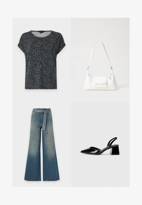 Majica sa printom leopard uzorka u crnoj i sivoj boji, opuštenog kroja, okruglog izreza i kratkim rukavima. Napravljena od mekanog, laganog materijala.; Široke traperice s gradijentom od svijetloplave do tamnoplave, visokog struka, petljama za remen i remenom od istog materijala. Teksturirana traper tkanina.; Crne lakirane kožne sandale s otvorenom petom i špicastim vrhom, s geometrijskom blok petom. Imaju elegantan, minimalistički dizajn i glatku teksturu.; Bijela sintetička torbica s trokutastim oblikom, ravnim prednjim poklopcem i detaljem u obliku mašne, podesivom remenom, glatkom teksturom i minimalističkim dizajnom.