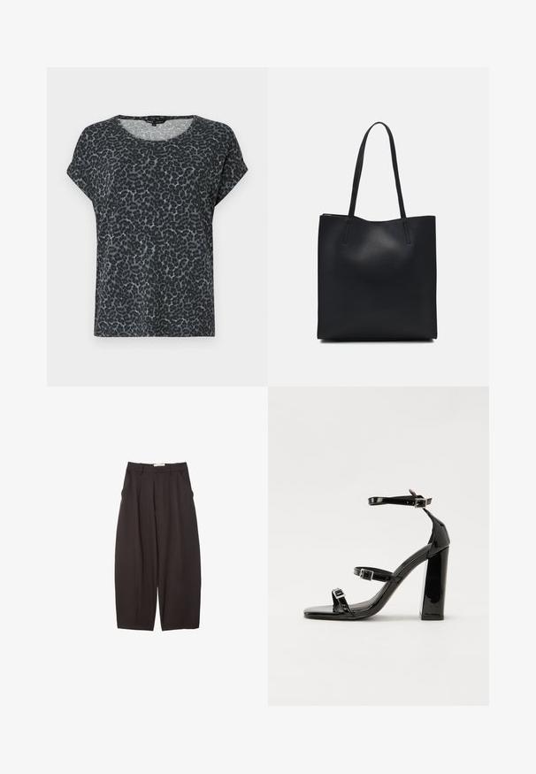Schwarzes und graues Leopardenmuster-T-Shirt mit lockerem Schnitt, rundem Ausschnitt und kurzen Ärmeln. Hergestellt aus weichem, leichtem Stoff.; Schwarze weit geschnittene Hosen aus einem glatten Stoff, mit hoher Taille, Frontfalten und Seitentaschen. Schlichtes Design ohne Verzierungen.; Schwarze patentierte Sandalen mit Absatz, quadratischer Spitze, Knöchelriemen und silbernen Schnallen. Mit einem stabilen Blockabsatz für mehr Stabilität.; Schwarze Laptoptasche aus Leder mit glatter Textur, rechteckiger Form und zwei langen Griffen. Keine sichtbaren Beschläge oder Verzierungen.