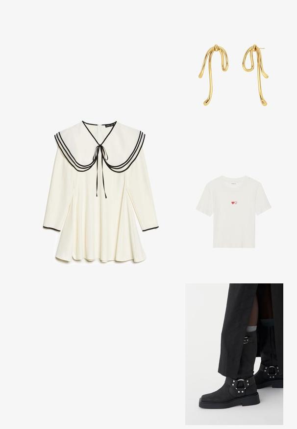 White ribbed short-sleeve t-shirt featuring two red hearts embroidered on the chest. Soft fabric with a classic crew neck design.; Cream long-sleeve dress with large sailor collar featuring black trim and tie, pleated skirt, and black edging on cuffs.; Black ankle boots made of leather with a matte finish, a square toe, and decorative buckles. The sole is chunky and textured.; White leather handbag with woven texture, long shoulder strap, zip closure, and a decorative logo. Features tassel accents on ends.; Gold hoop earrings with a smooth, twisted design. Featuring elongated, free-flowing shapes and a polished finish. Minimalist style.