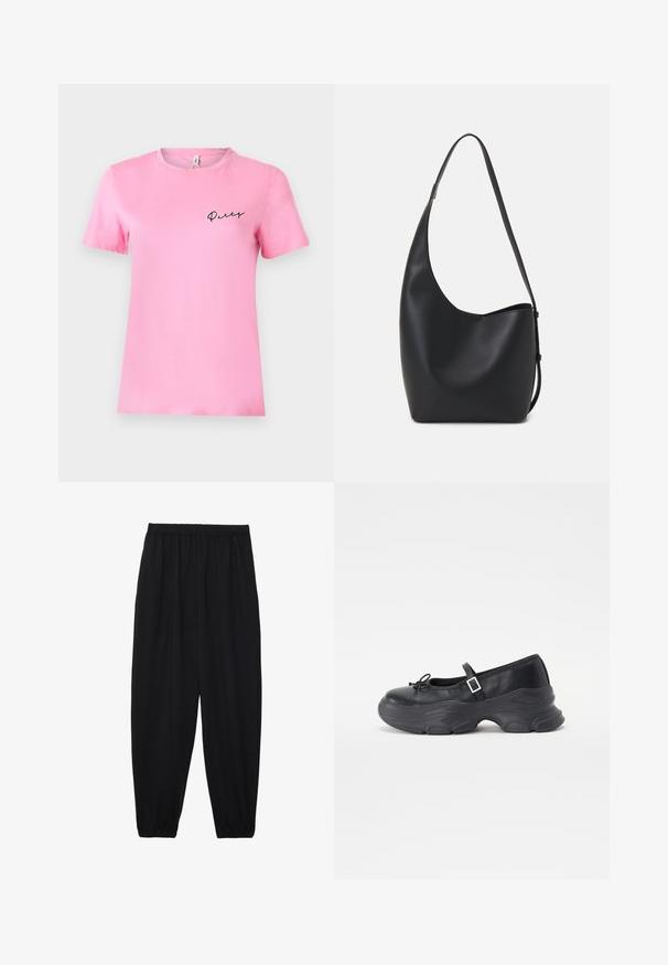 Ružičasta pamučna majica kratkih rukava s okruglim izrezom i crnim izvezenim natpisom "Party" na lijevoj strani prsnog koša. Glatka tekstura i jednostavan dizajn.; Crne, lagane hlače s elastičnom stražnjom pasicom i naboranim gležnjevima. Tkanina je glatka i ima opušteni, suženi dizajn.; Crne kožne Mary Jane cipele s okruglim vrhom, detaljem u obliku mašne i podesivom naramenicom oko gležnja. Imaju debeli gumeni đon s zakrivljenim naglascima.; Crna kožna hobo torba s glatkom teksturom, zakrivljenim oblikom i jednom podesivom trakicom; ima širok otvor na vrhu.