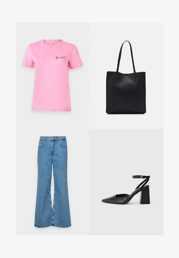 Short-sleeve pink cotton t-shirt with a round neck and black "Party" text embroidered on the left chest. Smooth texture and simple design.; Light blue flared jeans made of denim, featuring a high waist, five pockets, and a single button closure. Soft texture with faded finish.; Black leather pointy-toe pump with an ankle strap and a chunky heel. Flat texture, sleek design, and minimalistic aesthetics.; Black leather tote bag with smooth texture, rectangular shape, and two long handles. No visible hardware or embellishments.
