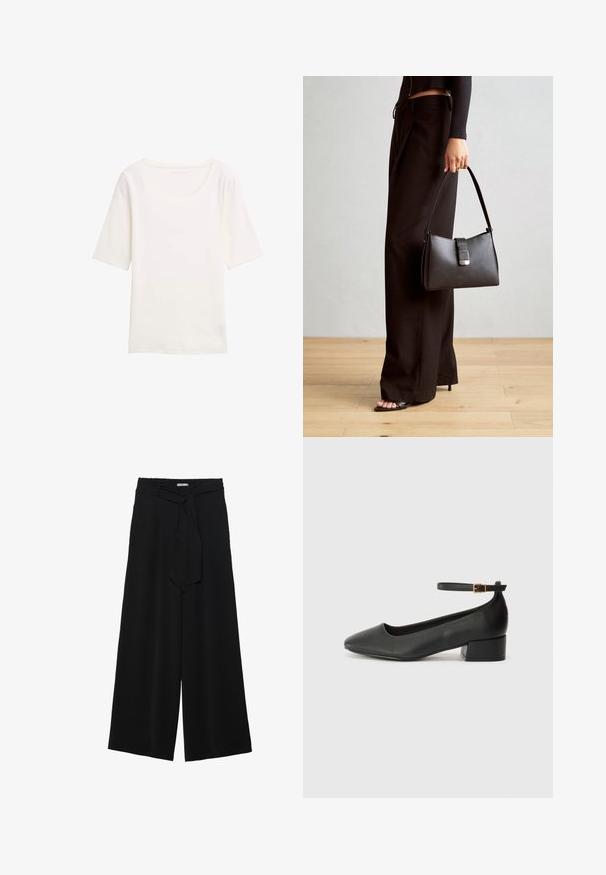 Maglietta bianca a maniche corte con scollo rotondo, realizzata in tessuto morbido. Texture liscia, design semplice e senza motivi o dettagli visibili.; Pantaloni neri a gamba larga caratterizzati da un tessuto testurizzato, una vita elastica e una cintura staccabile per una vestibilità regolabile.; Pump in pelle nera con punta affusolata e tacco basso a blocco. Presenta una cinghia alla caviglia con una fibbia in tonalità oro. Texture liscia.; Borsa nera con forma strutturata, texture liscia e una chiusura metallica. Abbinata a pantaloni neri larghi e sandali open-toe su un pavimento in legno.