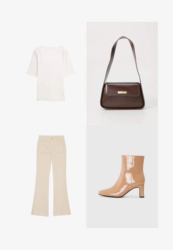 Valge lühikeste varrukatega t-särk ümmarguse kaelusega, valmistatud pehmest kangast. Sile tekstuur, lihtne disain ning nähtavaid mustreid või aktsente pole.; Kreemjad flared püksid kõrge vöökoht ega, valmistatud puuvillast. Omavad ees- ja tagap pockets, vöö loops ja ühte hõbedast nuppu.; Naha patendi ankle boots, mille terav varvas, läikiv pind ja keskmise kõrgusega plokknina. Sile tekstuur ja stiilne siluett.; Pruun nahast õlalina, millel on struktureeritud kuju, magnetist klapiga sulgemine ja esiküljel metallne logo aksessuaar.