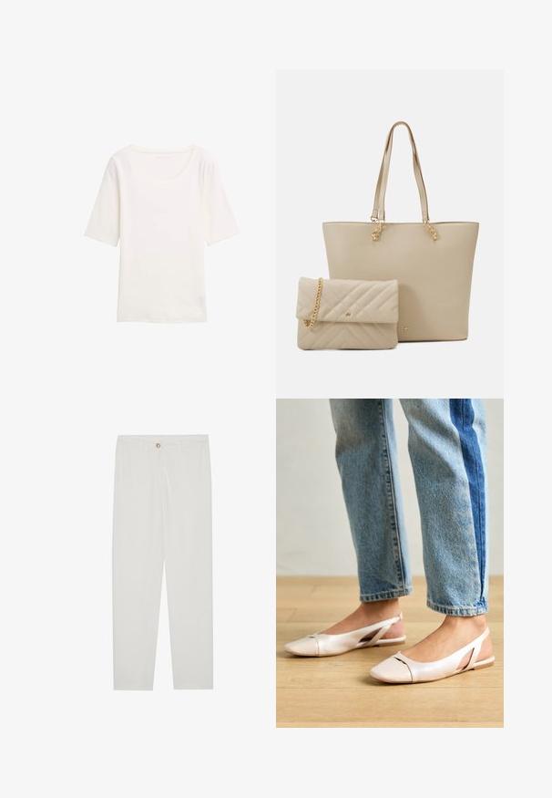 Weißes Kurzarm-T-Shirt mit Rundhalsausschnitt, aus weichem Stoff. Glatte Textur, einfaches Design und keine sichtbaren Muster oder Akzente.; Weisse, maßgeschneiderte Hosen mit geradem Bein, die über einen Knopfverschluss, Gürtelschlaufen und Seitentaschen verfügen; glatte Stoffoberfläche.; Blassrosa Slingback-Ballerinas mit spitzem Punkt, aus einem glatten, lederähnlichen Material. Mit Ausschnitten an den Seiten und einem flachen Absatz.; Beige Einkaufstasche mit flachen Henkel, glatter Textur und goldenem Zubehör, kombiniert mit einer passenden gesteppten Clutch mit Kettenriemen.