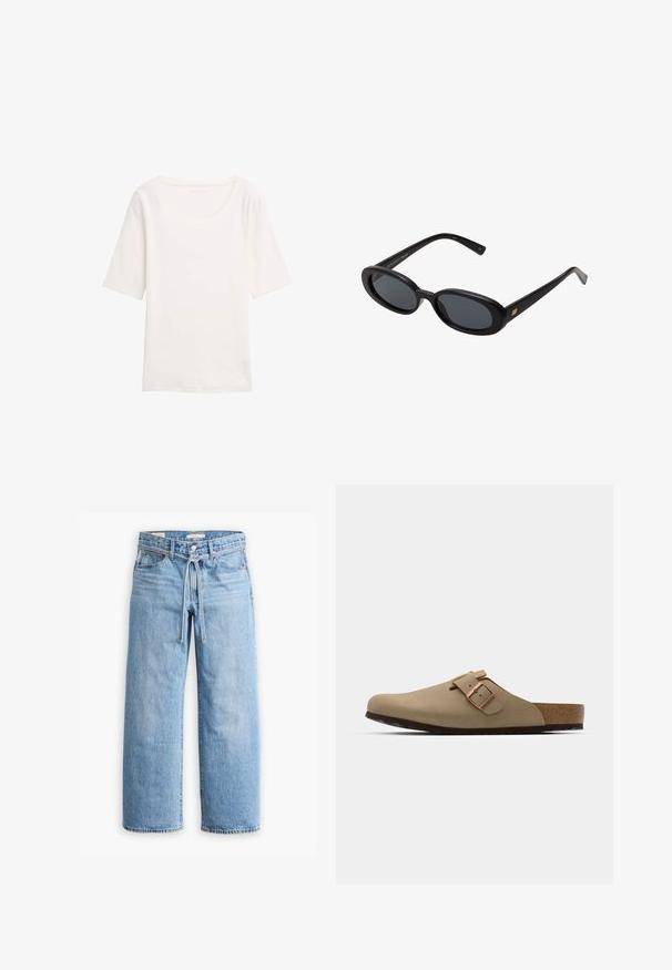 Bílý krátký rukáv tričko s kulatým výstřihem, vyrobené z měkké látky. Hladký povrch, jednoduchý design a žádné viditelné vzory nebo akcenty.; Světle modré džínové široké kalhoty s vysokým pasem, zapínáním na knoflík a zip, a šňůrkou v pase. Obroušené zakončení.; Bežové dřeváky s kulatou špičkou, nastavitelným sponovým detailem a korkovou stélkou. Texturovaný povrch s černou gumovou podrážkou pro lepší přilnavost.; Černé oversized sluneční brýle s oválnými čočkami, hladkým plastovým rámem a zlatými akcenty na spáncích. Tmavé čočky poskytují ochranu před sluncem.
