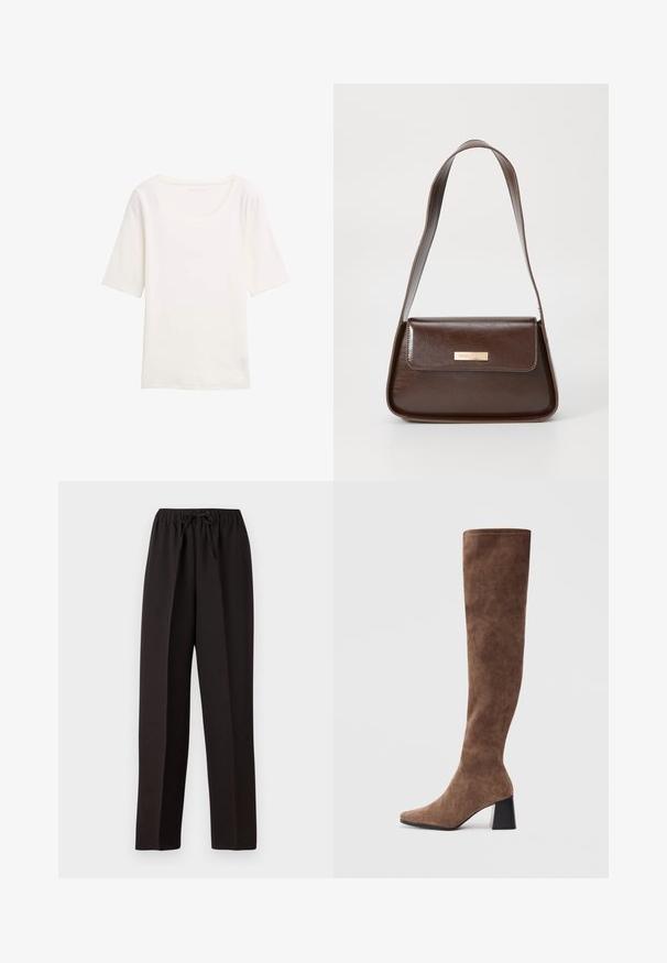 Biała koszulka z krótkim rękawem z okrągłym dekoltem, wykonana z miękkiego materiału. Gładka faktura, prosta forma i brak widocznych wzorów lub akcentów.; Czarne szerokie spodnie z elastycznym pasem i regulowanym sznurkiem. Wykonane z gładkiego, lekkiego materiału bez widocznych wzorów.; Brązowe wysokie do kolan botki z miękkiego zamszu, z ostrym noskiem i masywnym czarnym obcasem. Projekt charakteryzuje się bezszwowymi przeszyciami, co nadaje elegancki wygląd.; Brązowa skórzana torba na ramię o wyraźnej formie, z magneticznym zapięciem w klapie i metalowym logo na przodzie.