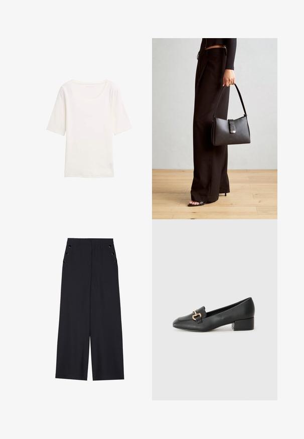 White short-sleeve t-shirt with a round neckline, made from soft fabric. Smooth texture, simple design, and no visible patterns or accents.; Wide-leg trousers in dark navy fabric, featuring a smooth texture, front pleats, and decorative gold-tone eyelets on the side pockets.; Black leather loafers with a flat heel, featuring a decorative gold hardware detail on the front and a smooth texture.; Black handbag with structured shape, smooth texture, and a metallic clasp. Paired with wide black pants and open-toe sandals on wooden floor.