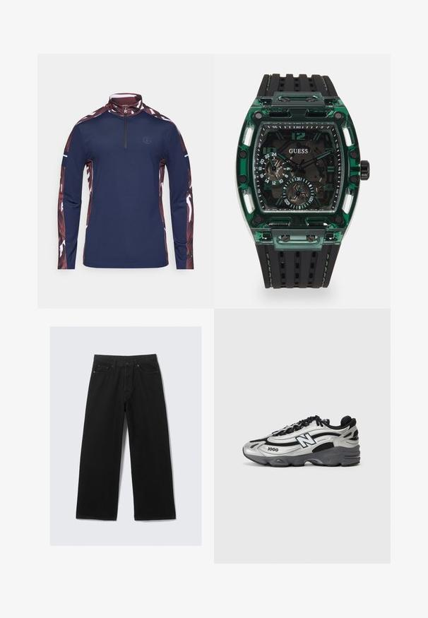 Tengerészkék, hosszúujjú pulóver negyedcipzárral a gallérnál. Mintás bordó ujjak fehér kiegészítőkkel és egy kis logó a mellrészen.; Fekete, széles lábú farmernadrág, klasszikus öt zsebes kialakítással és struktúrált derékkal, övhurkokkal.; Ezüst és fekete sportcipők, hálós felsőrésszel, párnázott talppal, fűzős kialakítással és oldalsó márkázással.; Guess óra, téglalap alakú zöld műanyag házzal, fekete texturált gumipánttal, és számos tárcsával, amelyek karakteres számokkal és kiemelésekkel rendelkeznek.