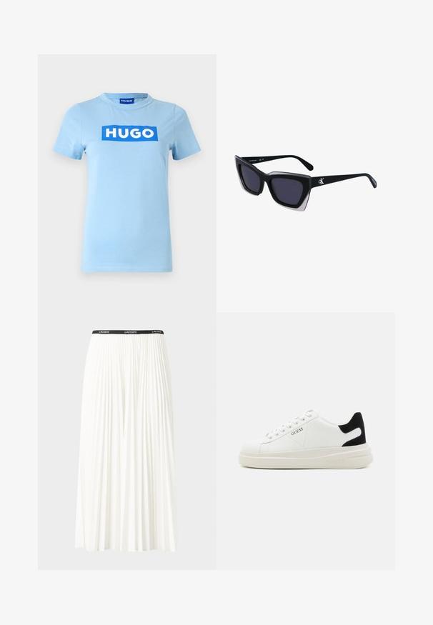Šviesiai mėlynas medvilninis marškinėliai trumpomis rankovėmis ir apvaliu iškirpimu, su dideliu mėlynu stačiakampiu logotipu, kuriame užrašyta "HUGO" balta spalva.; Pleated balta sijonas su juodu elastiniu juosmeniu, ant kurio yra "LACOSTE" logotipas. Vidutinio ilgio dizainas su švelnia tekstūra.; Baltos odinės sportbačiai su storu baltu padu, juodu nubuko kulno akcentu ir iškilmingu logotipu šone. Su raišteliais, turinčiais šešis akinius.; Juodos didelės saulės akinių su geometrine forma, turinčiais tamsius objektyvus ir kontrastingą pilką detalę ant rėmelio. Logotipas ant šalon.
