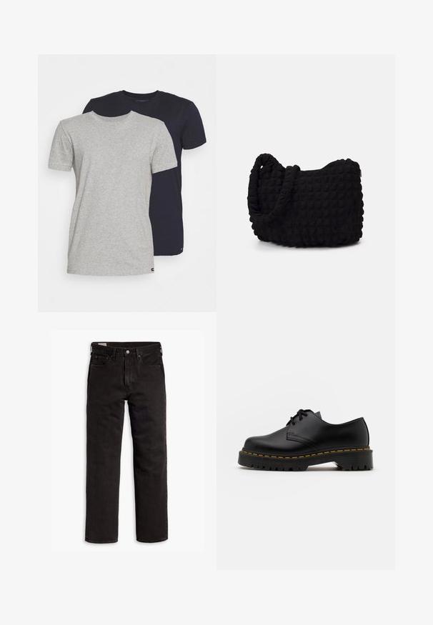 Två crew-neck T-shirts: en heather grå, en marinblå. Båda är kortärmade, i bomullsmaterial med en mjuk textur och standardpassform.; Svarta raka denimjeans med fem fickor, knappstängning och bälteshällor, liggande plant på en vit bakgrund.; Svart läder snörsko med rundad tå, texturerad gummisula och gul söm runt basen. Platt design och slät yta.; Svart tygväska med en strukturerad, vadderad yta. Rund form, korta, tjocka handtag och en mjuk, flexibel struktur.