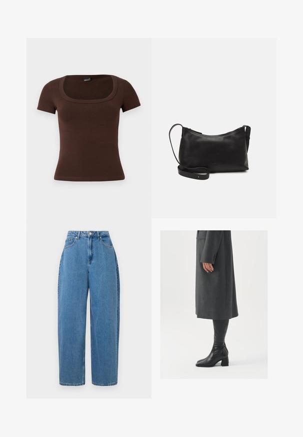 Rudas trumpomis rankovėmis marškinėliai su kvadratiniu iškirpimu, raukšlėta tekstūra, prigludęs dizainas ir minkštas audinio apdailos paviršius. Minimalus detalizavimas, be puošybos.; Šviesiai mėlynos džinsinės kelnes su tiesiu kirpimu, aukštu liemeniu ir priekyje užsegimu mygtuku. Turi penkias kišenes ir minimalias siuvimo detales.; Pilkas pritaikytas paltas su tiesiu kirpimu; derinamas su juodais odiniais batais iki kelių, turinčiais kvadratinį pirštą ir storą kulną.; Juodas odinis petinis krepšys su lygiu paviršiumi, išlenkta forma, reguliuojama dirželiu ir užtrauktuku. Minimalistinis dizainas be puošmenų.