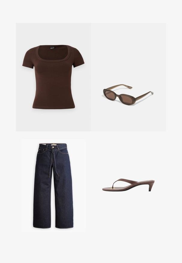 Hnědá tričko s krátkým rukávem, čtvercovým výstřihem, žebrovanou strukturou, přiléhavým střihem a měkkým povrchem. Minimální detaily, žádné ozdobné prvky.; Široké tmavě modré džíny se zvýšeným pasem, opatřené stahovací šňůrou, pěti kapsami a kontrastním prošíváním.; Hnědé sandály s podpatkem a tenkým páskem, zaoblenou špičkou a malým zlatým akcentem na stélce.; Hnědé oválné sluneční brýle s tmavými skly. Rámeček je z průhledného hnědého materiálu a má na stranách potisk s logem.; Hnědá semišová kabelka hobo s volně tvarovaným silhouette, která má zakřivené horní ucho a trojúhelníkové prvky na přední a zadní straně.