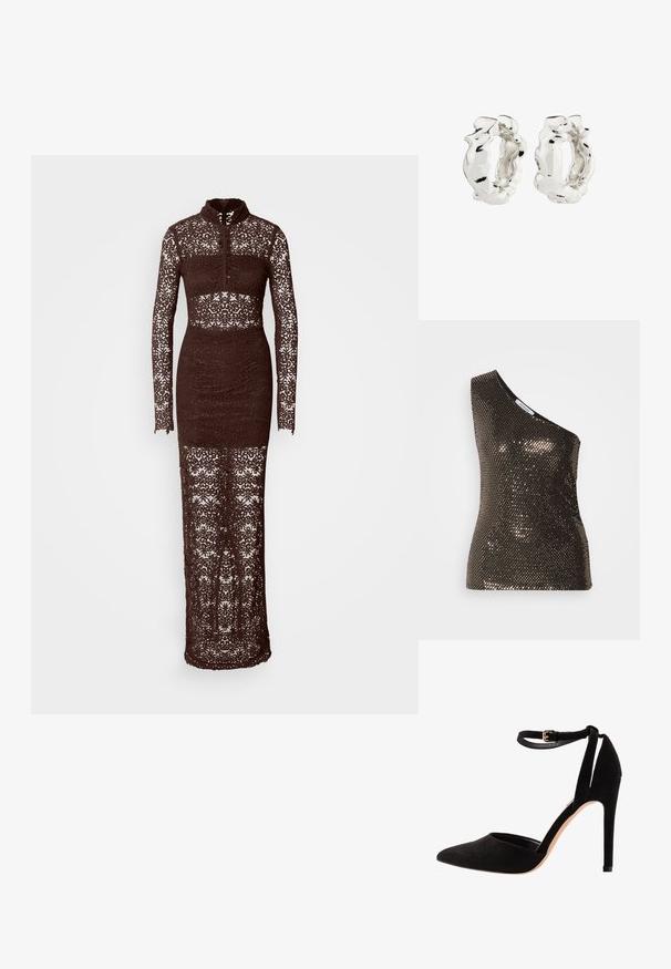 Top nero con paillettes, design a spalla unica, caratterizzato da una silhouette aderente e una texture lucida, che cattura la luce con paillettes di diverse tonalità dorate.; Abito lungo marrone in pizzo con maniche lunghe, colletto alto, silhouette aderente e intricate fantasie floreali su tutta la stoffa, caratterizzato da un design trasparente.; Scarpe con tacco alto in morbida pelle scamosciata nera, con punta affusolata, cinturino alla caviglia e tacco a spillo. Il design presenta una texture liscia con decorazioni minime.; Orecchini a cerchio in argento con un design irregolare e texturizzato. La superficie è riflettente, mostrando curve e contorni. Lo spazio interno è cavo.