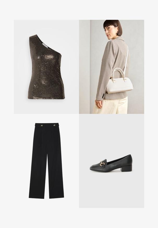 Top preto com lantejoulas, de um ombro, apresentando uma silhueta ajustada e uma textura brilhante, refletindo a luz com diferentes lantejoulas em tons de dourado.; Calças largas pretas com cintura alta, detalhes em botão na cintura e pregas frontais.; Mocassins de couro preto com um salto baixo, apresentando um detalhe decorativo em metal dourado na parte da frente e uma textura suave.; Bolsa estruturada branca com alças curtas e uma alça de ombro, com detalhes em hardware dourado e material texturizado, exibida contra um fundo cinza.