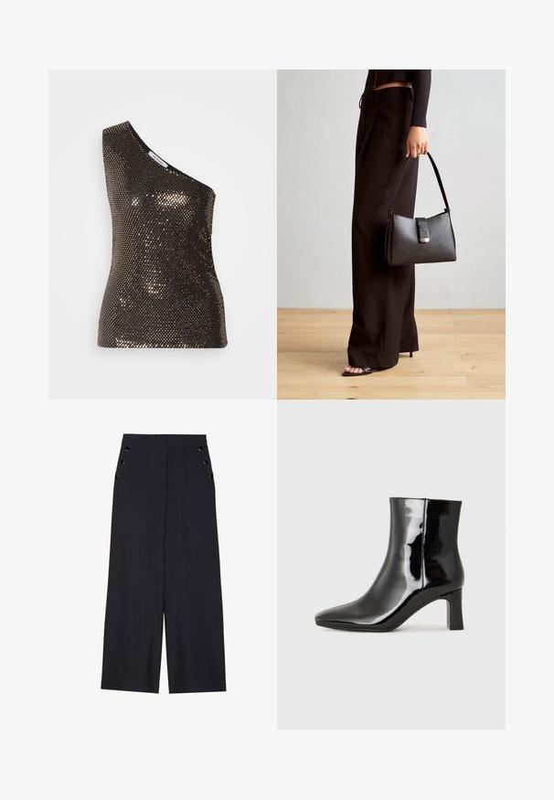 Črn bleščičasti top z enostranskim dizajnom, ki ima oprijet kroj in sijočo teksturo, ki odraža svetlobo z raznobarvnimi zlatimi bleščicami.; Široke hlače iz temno modrega materiala, z gladko teksturo, sprednjimi gubami in dekorativnimi zlatimi kopčami na stranskih žepih.; Črne lakirane gležnjarje z ošiljenim nosom in srednje visokim blokastim peto. Gladka tekstura in minimalističen dizajn.; Črna torbica z strukturirano obliko, gladko teksturo in kovinskim zaponko. Ujemajo se z širokimi črnimi hlačami in odprtimi sandali na lesenem tleh.