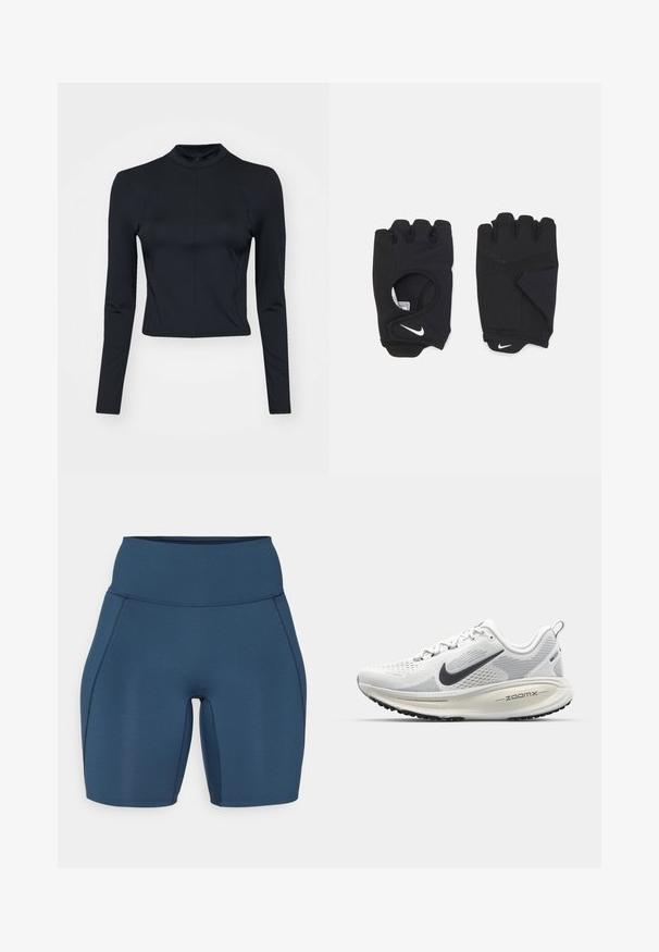Top corto maniche lunghe nero in un tessuto liscio ed elastico, con colletto alto e zip sul retro. Presenta dettagli delle cuciture lungo le maniche.; Pantaloni sportivi blu scuro con vita alta, texture liscia e cuciture piatte. Presentano un design aderente che arriva a metà coscia.; Nike Performance VOMERO 18 - Scarpe da corsa su strada - summit white/black/coconut milk; Guanti neri senza dita realizzati in materiale elastico, con un design per il palmo aperto, dettagli antiscivolo e il logo Nike in bianco.