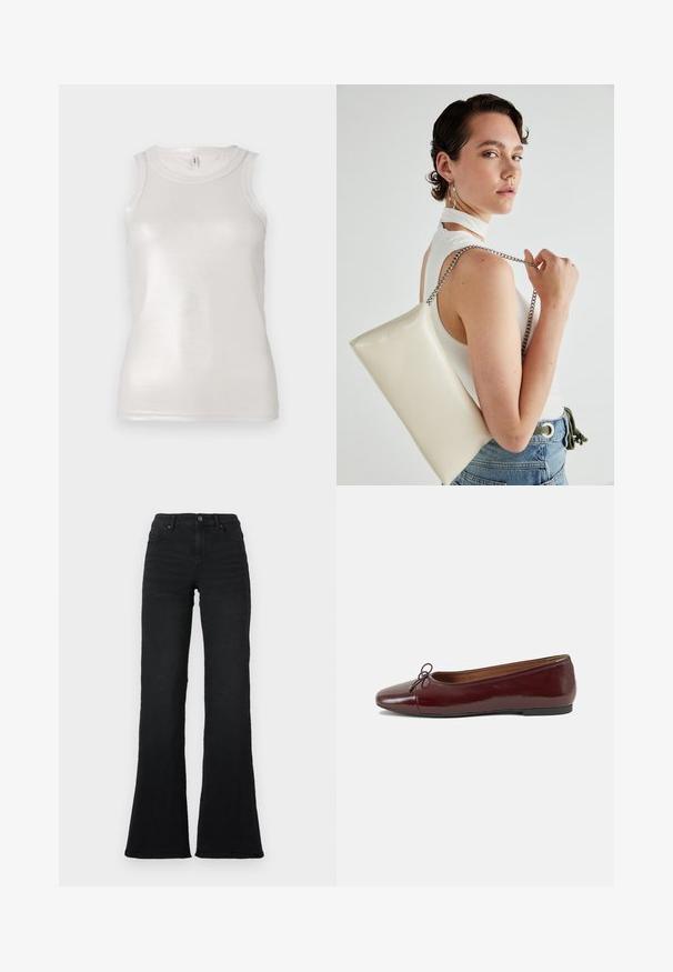 Cremefarbenes Tanktop mit tailliertem Schnitt, geripptem Material, ärmellosem Design und subtiler Glanzoptik, das einen einfachen, runden Ausschnitt präsentiert.; Schwarze hochgeschnittene Schlagjeans mit vorderen Taschen, Gürtelschlaufen und Knopfverschluss vor einem weißen Hintergrund.; Burgunderfarbenes, lackiertes Ballettschuh mit abgerundetem Zehenbereich, kleiner Schleifenakzent vorne und einer niedrigen, schwarzen Gummisohle. Glatte Textur.; Weiße rechteckige Clutch aus glänzendem Material mit einem silbernen Kettenriemen. Das Model posiert und präsentiert die Tasche vor einem schlichten Hintergrund.
